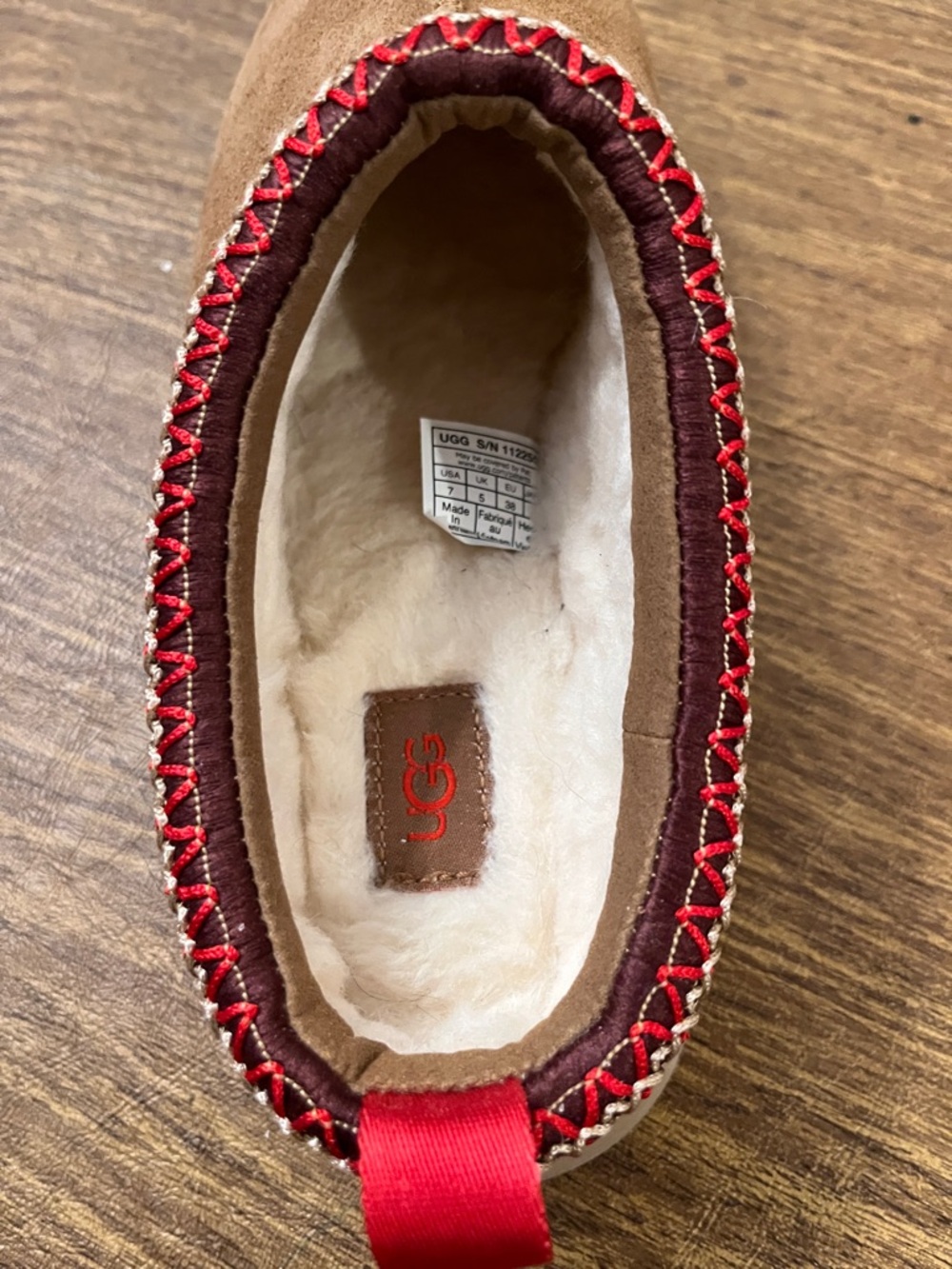 UGG Chestnut Suede Slip-On Clogs with Red Trim and Cream Lining. - Picture 5 of 8
